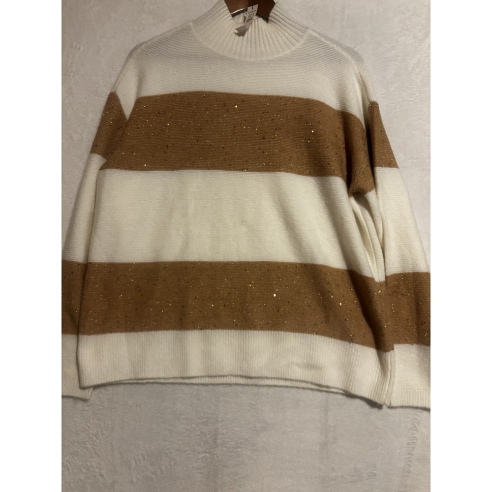 NWT Talbots Sweater Women's Gold Wool Blend Sequin Striped‎ Large Petite